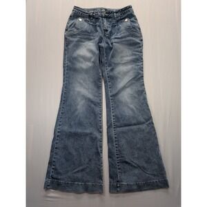 Flamingals Womens Mid Rise Wide Leg Flare Jeans Blue Denim Size L Pleated Front